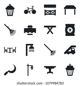 Set of vector isolated black icon - cafe vector, ladder car, rake, sickle, garden light, picnic table, fertilizer, bike, restaurant, alcove, outdoor lamp