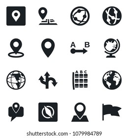 Set of vector isolated black icon - globe vector, seat map, route, navigation, earth, pin, mobile tracking, network, place tag, compass, flag