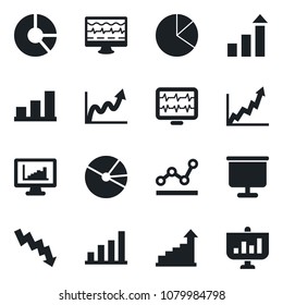 Set of vector isolated black icon - growth statistic vector, crisis graph, circle chart, monitor pulse, statistics, presentation board, bar, pie, point