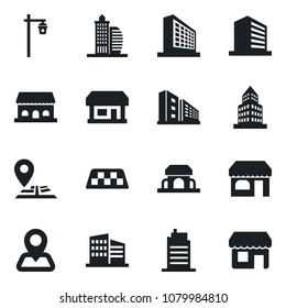 Set of vector isolated black icon - taxi vector, shop, office building, garden light, navigation, store, city house, cafe, storefront