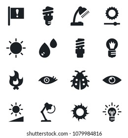 Set of vector isolated black icon - bulb vector, lady bug, fire, sun, eye, important flag, brightness, desk lamp, water, energy saving, idea