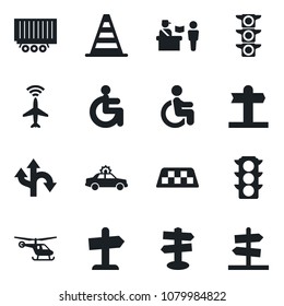 Set of vector isolated black icon - plane radar vector, taxi, passport control, alarm car, border cone, helicopter, disabled, route, signpost, traffic light, truck trailer, guidepost