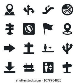 Set of vector isolated black icon - elevator vector, escalator, signpost, right arrow, radar, route, pin, download, place tag, compass, flag, guidepost