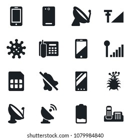 Set of vector isolated black icon - satellite antenna vector, mobile phone, virus, cell, low battery, back, sim, mute, cellular signal, office