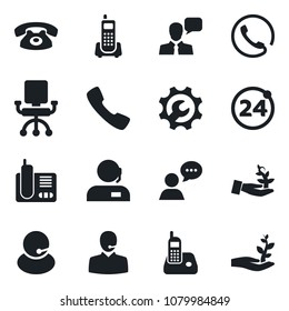 Set of vector isolated black icon - 24 around vector, office phone, support, speaker, radio, call, root setup, palm sproute, chair