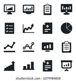 Set of vector isolated black icon - growth statistic vector, monitor, diagnosis, clipboard, statistics, bar graph, pie, checklist, point, presentation