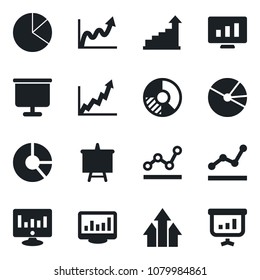 Set of vector isolated black icon - growth statistic vector, presentation board, monitor, circle chart, statistics, pie graph, point, arrow up