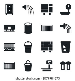 Set of vector isolated black icon - trash bin vector, bucket, watering, railroad, cargo container, consolidated, oil barrel, heavy scales, archive box, water filter