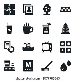 Set of vector isolated black icon - taxi vector, airport building, document reload, rake, tv, photo gallery, application, office, pool, fruit tree, menu, phyto bar, coffee, water