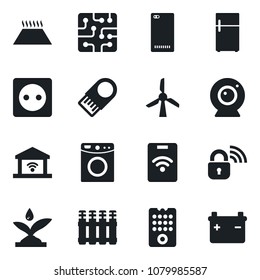 Set of vector isolated black icon - phone back vector, chip, socket, wireless lock, remote control, irrigation, web camera, washer, radiator, warm floor, garage gate, fridge, windmill, usb flash