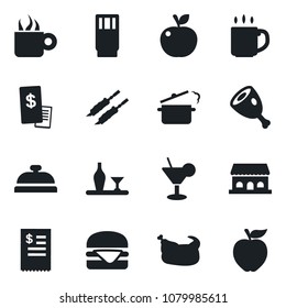 Set of vector isolated black icon - coffee vector, alcohol, reception, drink, cocktail, cafe building, restaurant receipt, chicken, kebab, ham, hamburger, steaming pan, apple fruit