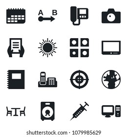 Set of vector isolated black icon - cafe vector, camera, sun, document, syringe, earth, term, route, tv, speaker, application, copybook, office phone, target, intercome, pc