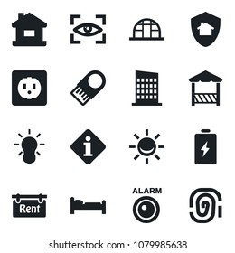 Set of vector isolated black icon - bed vector, greenhouse, house, rent, city, alcove, socket, bulb, eye scan, home protect, information, usb flash, battery, alarm led, fingerprint