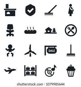 Set of vector isolated black icon - baby vector, luggage storage, office chair, rake, fireplace, pregnancy, plane, shield, music, house with tree, windmill, sale, cafe, bread, outdoor lamp