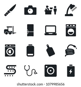 Set of vector isolated black icon - passport control vector, camera, fork loader, hose, drip irrigation, stethoscope, laptop pc, low battery, mobile, desk lamp, washer, fridge, cutting board, knife