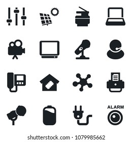 Set of vector isolated black icon - printer vector, support, microphone, tv, video camera, share, tuning, battery, notebook pc, copier, sun panel, smart home, power plug, intercome, alarm led