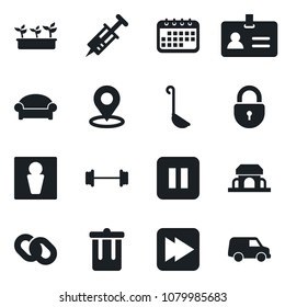 Set of vector isolated black icon - trash bin vector, male, waiting area, identity, lock, seedling, syringe, barbell, chain, pause button, fast forward, place tag, cafe building, ladle, calendar