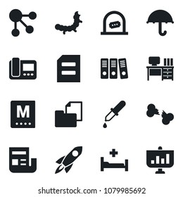 Set of vector isolated black icon - ticket office vector, desk, document, caterpillar, dropper, hospital bed, broken bone, folder, umbrella, news, paper binder, menu, intercome, rocket, social media