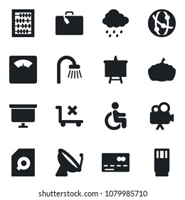 Set of vector isolated black icon - satellite antenna vector, suitcase, credit card, abacus, presentation board, rain, pumpkin, scales, disabled, no trolley, video camera, network, document search