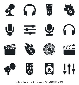 Set of vector isolated black icon - clapboard vector, vinyl, flame disk, microphone, remote control, headphones, speaker, tuning