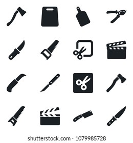 Set of vector isolated black icon - pruner vector, saw, garden knife, axe, scalpel, clapboard, cut, cutting board