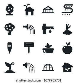 Set of vector isolated black icon - watering vector, sproute, plant label, greenhouse, drip irrigation, fruit tree, salad, apple, eco house