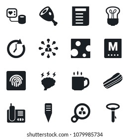Set of vector isolated black icon - hierarchy vector, document, brainstorm, plant label, blood pressure, radio phone, fingerprint id, coffee, menu, bacon, ham, cheese, bulb, consumer search, clock