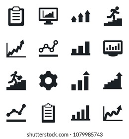 Set of vector isolated black icon - growth statistic vector, settings, clipboard, monitor statistics, bar graph, point, career ladder, arrow up