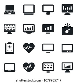 Set of vector isolated black icon - bomb in case vector, notebook pc, statistic monitor, heart pulse, clipboard, tv, statistics