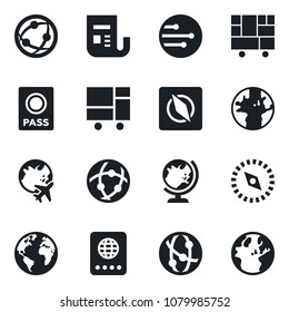 Set of vector isolated black icon - passport vector, globe, plane, earth, consolidated cargo, news, network, compass