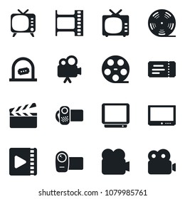 Set of vector isolated black icon - ticket vector, office, clapboard, film frame, reel, tv, video camera