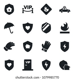 Set of vector isolated black icon - umbrella vector, alarm car, glove, heart shield, flammable, protect, estate insurance, vip zone, home