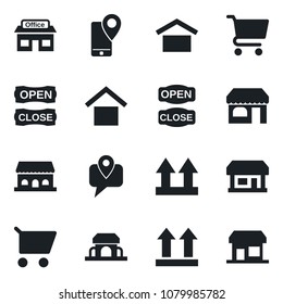 Set of vector isolated black icon - shop vector, store, mobile tracking, warehouse storage, up side sign, cafe building, open close, cart, storefront