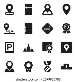 Set of vector isolated black icon - parking vector, smoking place, medal, navigation, pin, tag, sertificate, fridge, pedestal