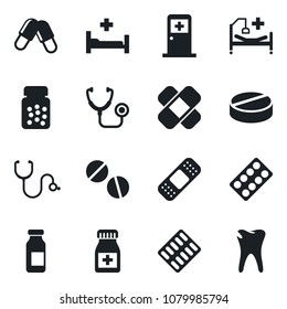 Set of vector isolated black icon - medical room vector, stethoscope, pills, bottle, blister, ampoule, patch, hospital bed, caries