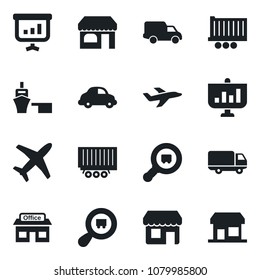 Set of vector isolated black icon - shop vector, store, plane, truck trailer, car delivery, sea port, search cargo, presentation, storefront