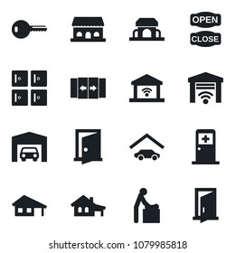 Set of vector isolated black icon - automatic door vector, baby room, medical, checkroom, house with garage, key, cafe building, open close, gate control