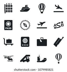 Set of vector isolated black icon - suitcase vector, departure, arrival, baggage trolley, passport, ladder car, helicopter, seat map, sea shipping, route, compass, air balloon