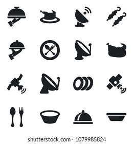 Set of vector isolated black icon - satellite antenna vector, spoon and fork, dish, plates, waiter, chicken, kebab, bowl