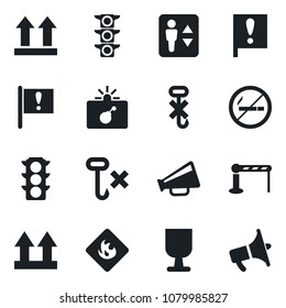 Set of vector isolated black icon - barrier vector, elevator, no smoking, bomb in case, important flag, traffic light, fragile, up side sign, hook, flammable, loudspeaker