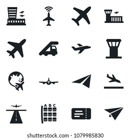 Set of vector isolated black icon - plane vector, airport tower, runway, radar, arrival, ticket, ladder car, seat map, globe, building, paper