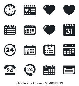 Set of vector isolated black icon - 24 around vector, calendar, heart, medical, hours, clock, schedule