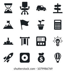 Set of vector isolated black icon - seedling vector, rec button, stopwatch, motivation, rocket, money bag, pennon, office chair, idea, flag, calculator, car, pedestal, guidepost, sand clock