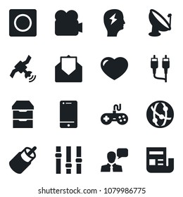 Set of vector isolated black icon - brainstorm vector, satellite antenna, gamepad, settings, video camera, network, cell phone, speaker, heart, mail, rca, archive chest, record, news