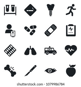 Set of vector isolated black icon - smoking place vector, heart pulse, blood test vial, pills, blister, scalpel, patch, ambulance car, run, lungs, implant, eye, broken bone, clipboard, patient