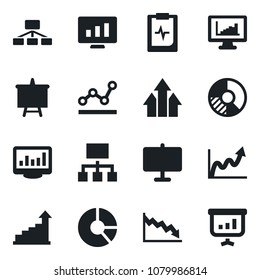 Set of vector isolated black icon - growth statistic vector, presentation board, monitor, circle chart, pulse clipboard, statistics, point graph, arrow up, crisis, hierarchy