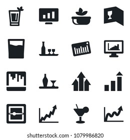 Set of vector isolated black icon - growth statistic vector, monitor, barcode, scanner, statistics, alcohol, wine card, drink, cocktail, phyto bar, salad, arrow up graph