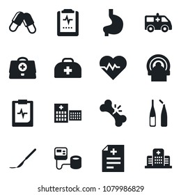 Set of vector isolated black icon - heart pulse vector, doctor case, diagnosis, blood pressure, pills, ampoule, scalpel, tomography, ambulance car, stomach, broken bone, clipboard, hospital
