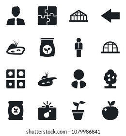 Set of vector isolated black icon - bomb in case vector, left arrow, manager, seedling, greenhouse, fertilizer, application, pond, fruit tree, estate agent, apple