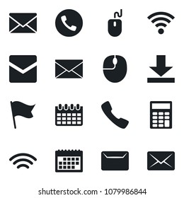Set of vector isolated black icon - phone vector, mail, mouse, calendar, call, download, wireless, calculator, flag
